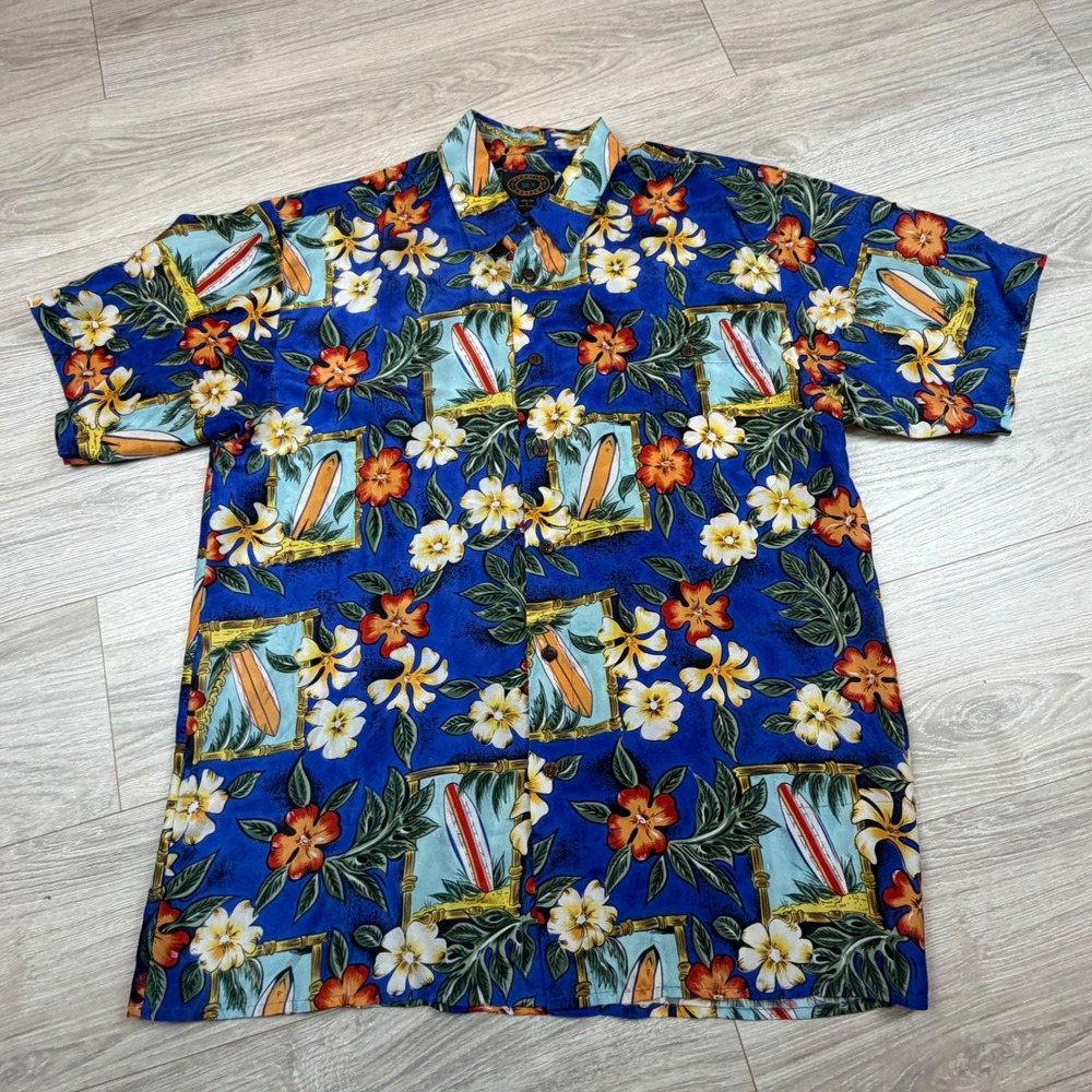 Vintage Hawaiian Silk Company Sz L Blue Tropical Surfboard Floral Aloha‎ Shirt